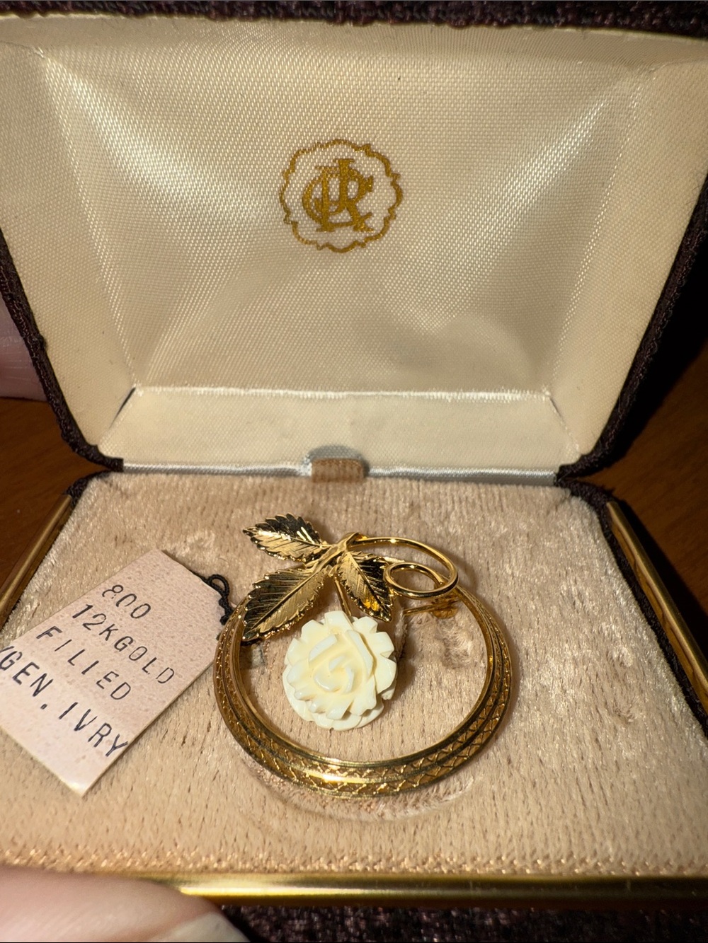 Vintage 12K Gold-Filled Ivory Rose Leaf Pendant Brooch